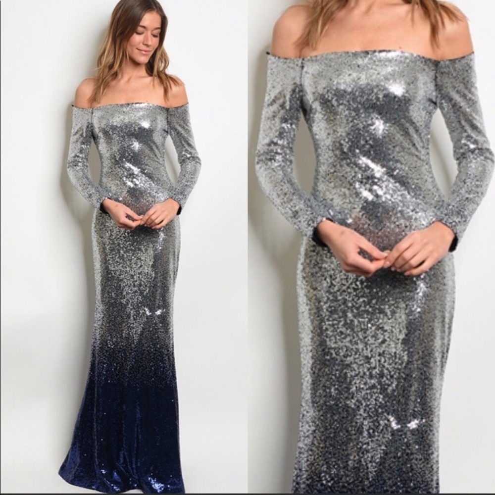 Gorgeous Silver & Blue Sequined Gown.  New!!